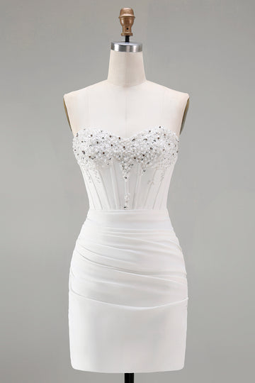 Strapless White Bodycon Corset Homecoming Dress With Beading